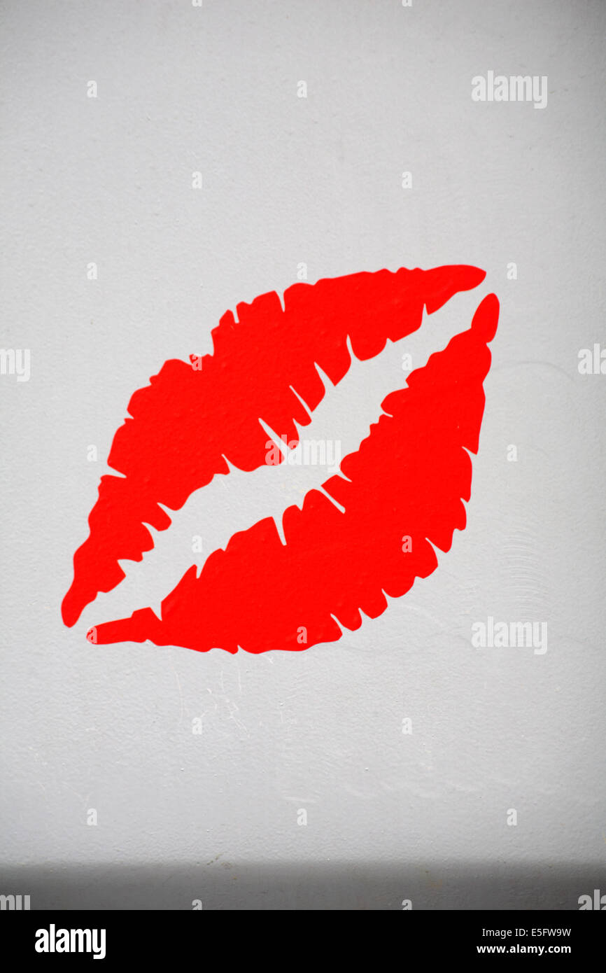 red lips on white wall Stock Photo
