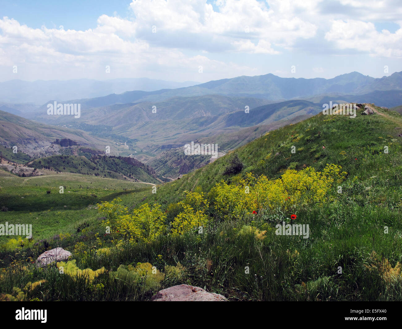 The green mountain landscape at the Selim Pass in the Selim Mountains in Armenia, 24 June 2014. Photo: Jens Kalaene Stock Photo