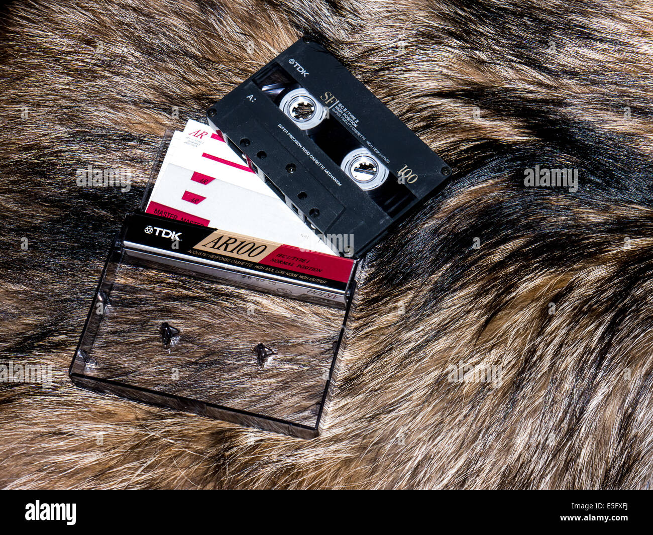 GOMEL, BELARUS - JUNE 11, 2014: TDK cassette tape  on fur background. TDK Corporation, is a Japanese multinational electronics c Stock Photo