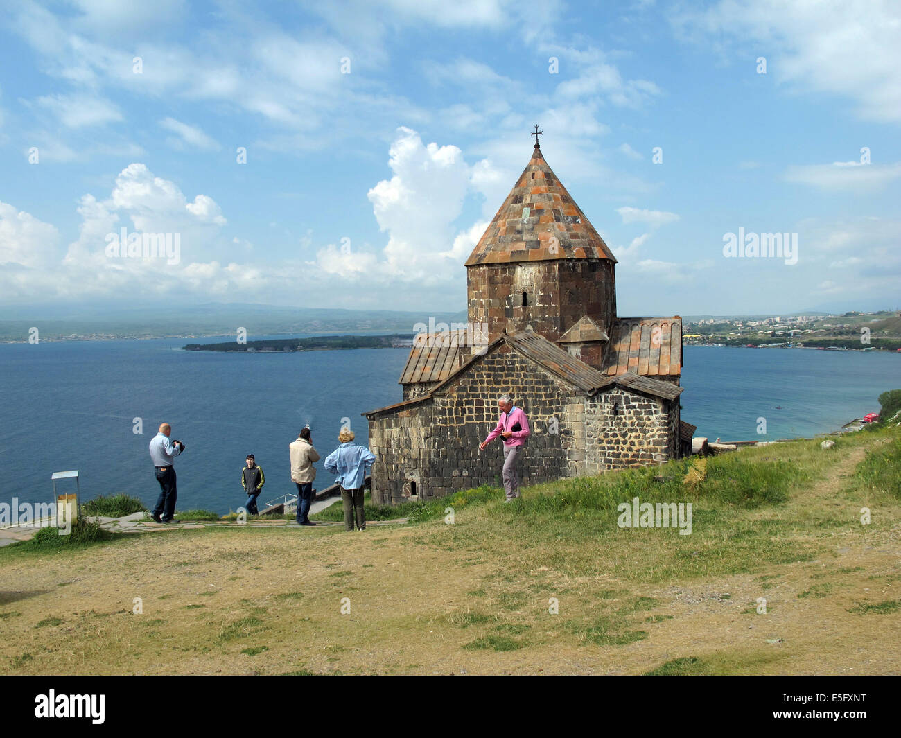 The Sewanawank monastery, founded in 874 at Lake Sewan, Armenia, 24 June 2014. The monastery used to be located on a small island in the lake. Due to a lower water level because of a use of the lake water for irrigation the island with the monastery now is a peninsula. Photo: Jens Kalaene Stock Photo