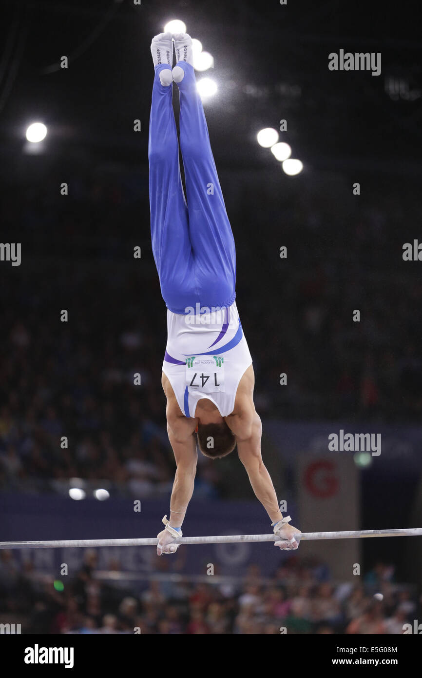 SSE Hydro, Glasgow, Scotland, UK, Wednesday, 30th July, 2014. Frank Baines of Scotland on the horizontal bar during the Men's Individual All Round Artistic Gymnastics competition at the Glasgow 2014 Commonwealth Games Stock Photo