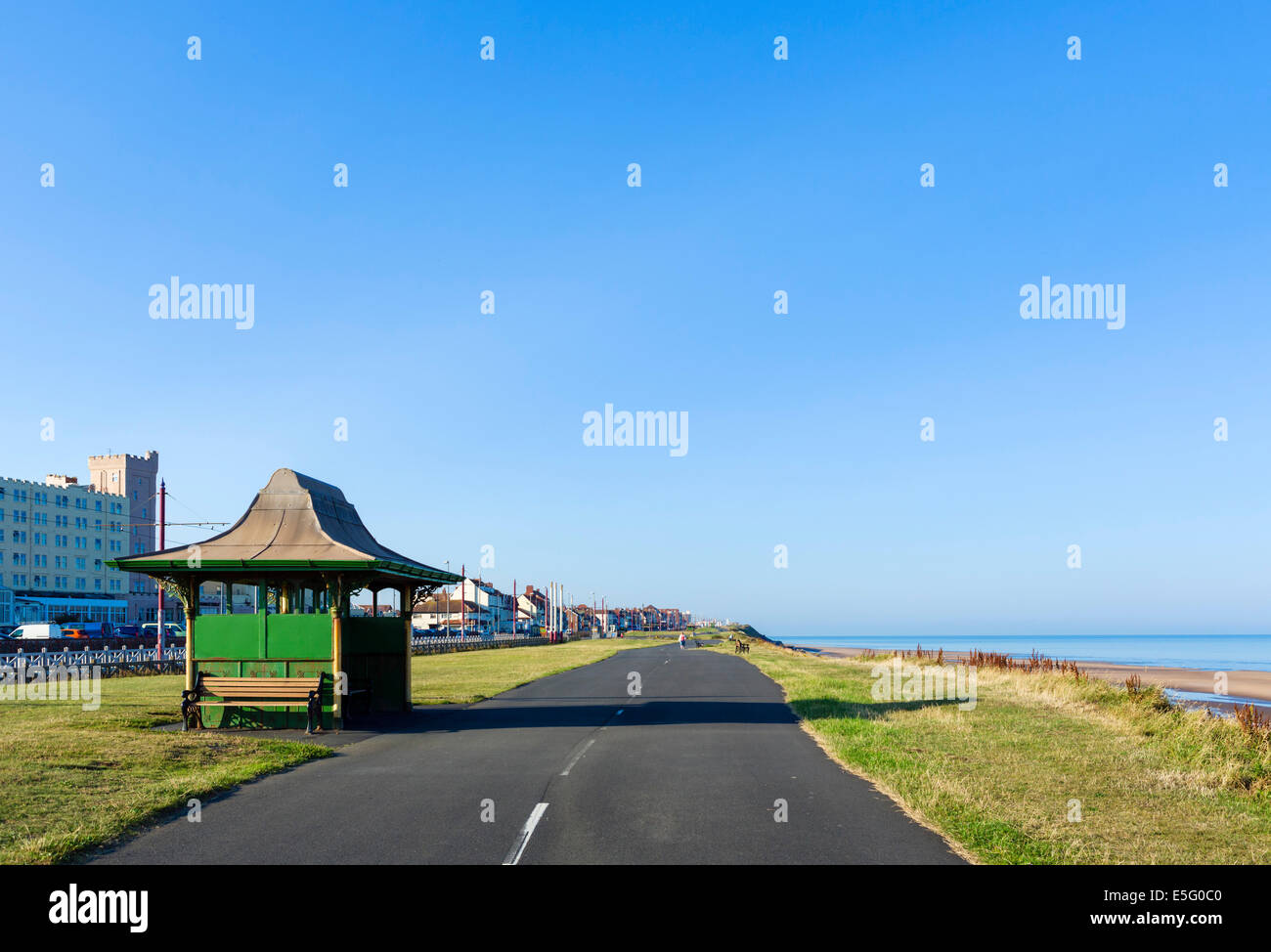 Old shelter on the seafront at Thornton Cleveleys in the early morning, North Blackpool, Lancashire, UK Stock Photo