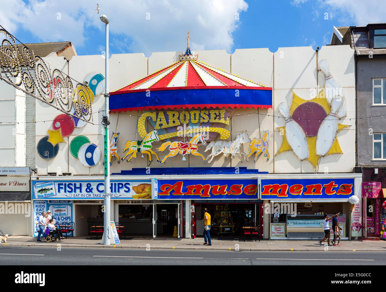 Carousel amusement arcade on the promenade, Golden Mile, Blackpool, Lancashire, UK Stock Photo
