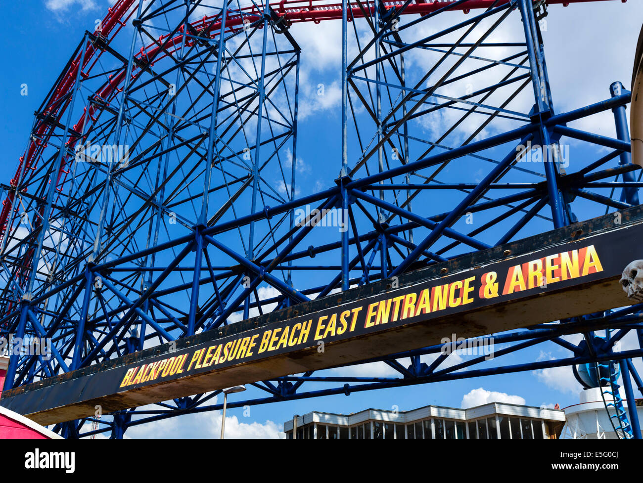 East entrance to Blackpool Pleasure Beach under the Big One roller-coaster, Blackpool, Lancashire, UK Stock Photo