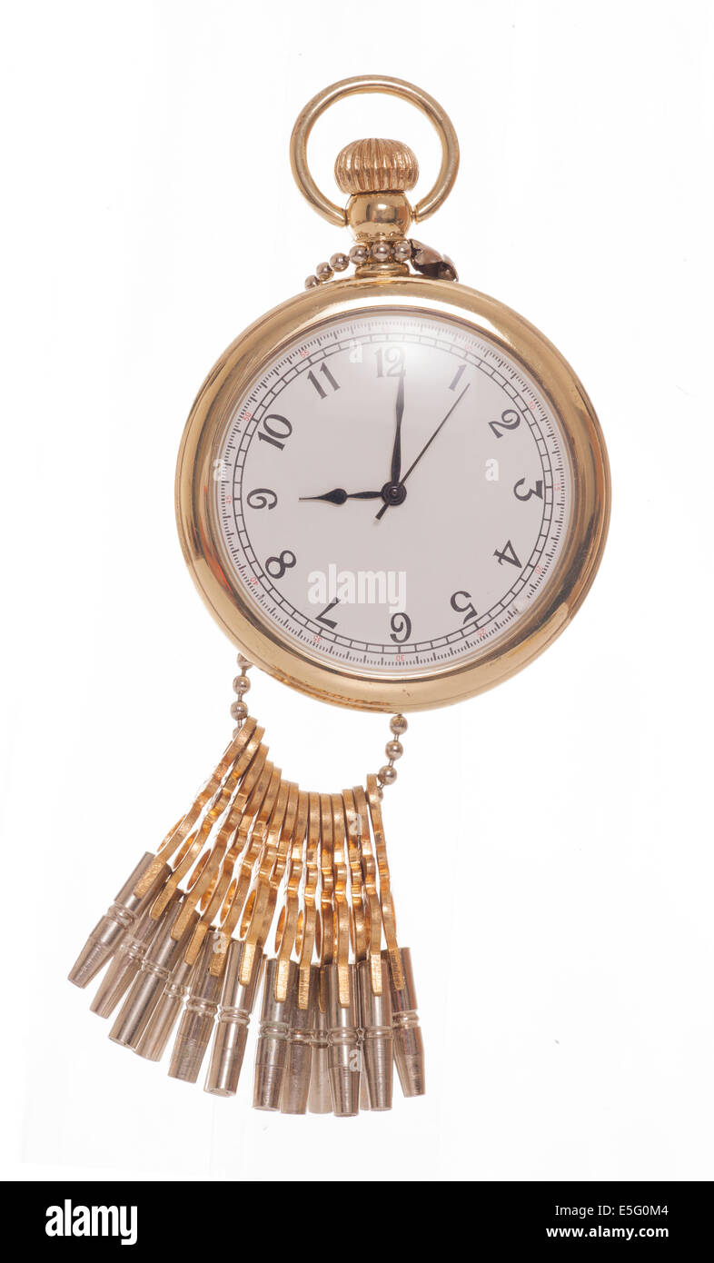 gold pocket watch and keys studio cutout Stock Photo