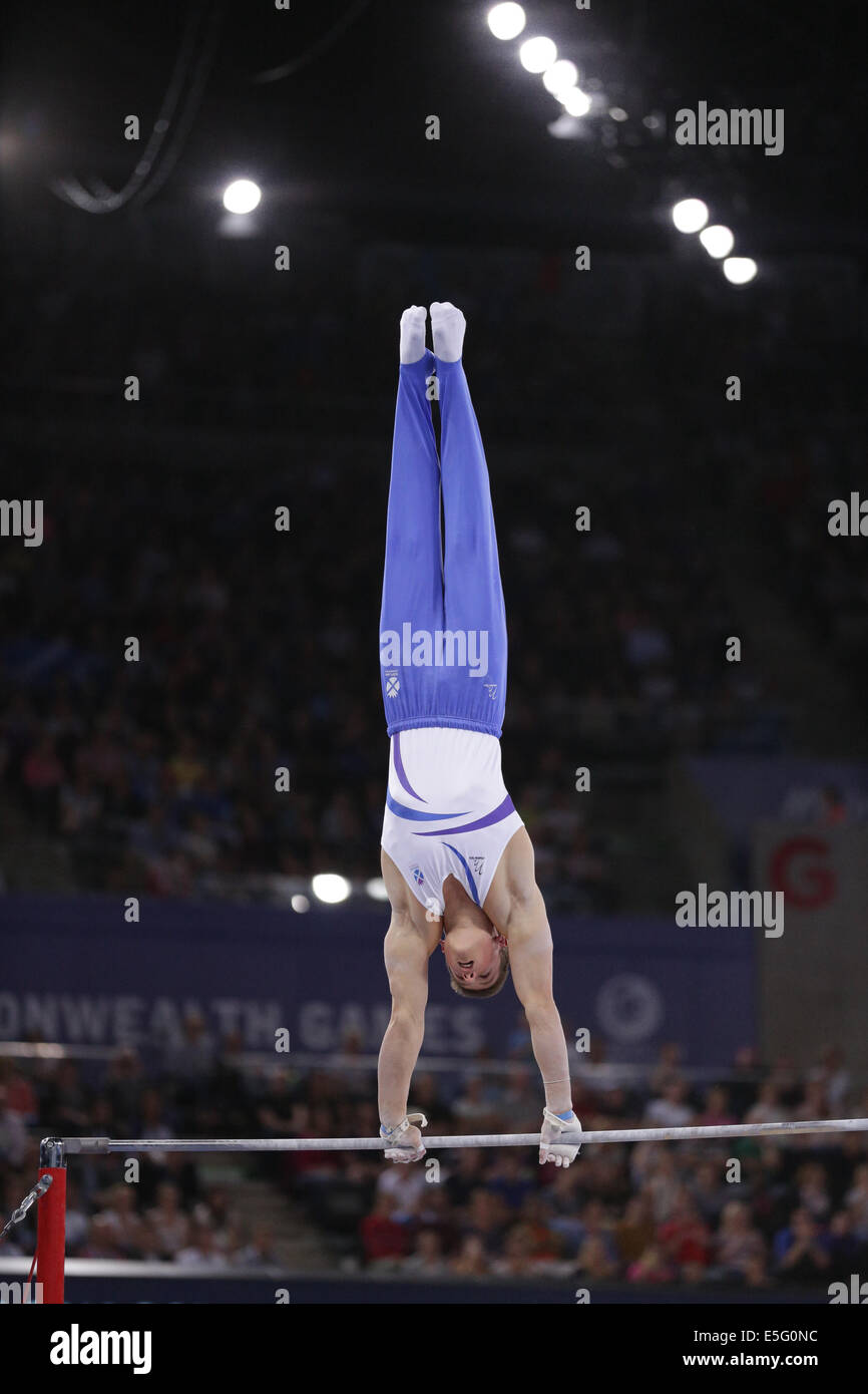 SSE Hydro, Glasgow, Scotland, UK, Wednesday, 30th July, 2014. Frank Baines of Scotland on the horizontal bar in the Men's Individual All Round Artistic Gymnastics competition at the Glasgow 2014 Commonwealth Games Stock Photo