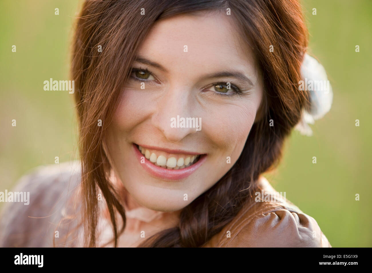 Woman with long brunette hair Stock Photo