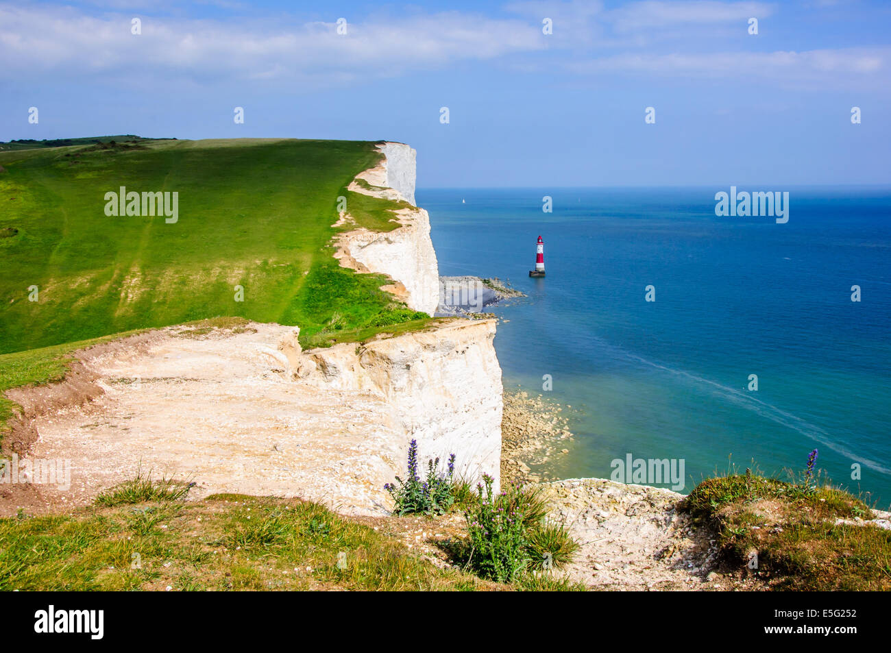 Beachy Head. Looking towards the cliffs and lighthouse from the west near Birling Gap. Stock Photo