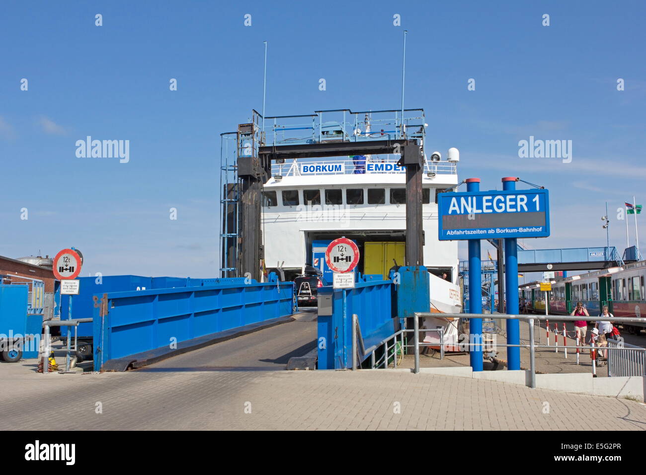 Borkum, Germany: July 29, 2014 - ferry to the port of Emden Stock Photo