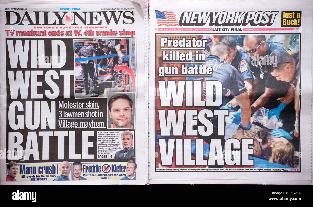Front pages of the New York Daily News and the Post use similar terminology to report on the the previous days shooting Stock Photo