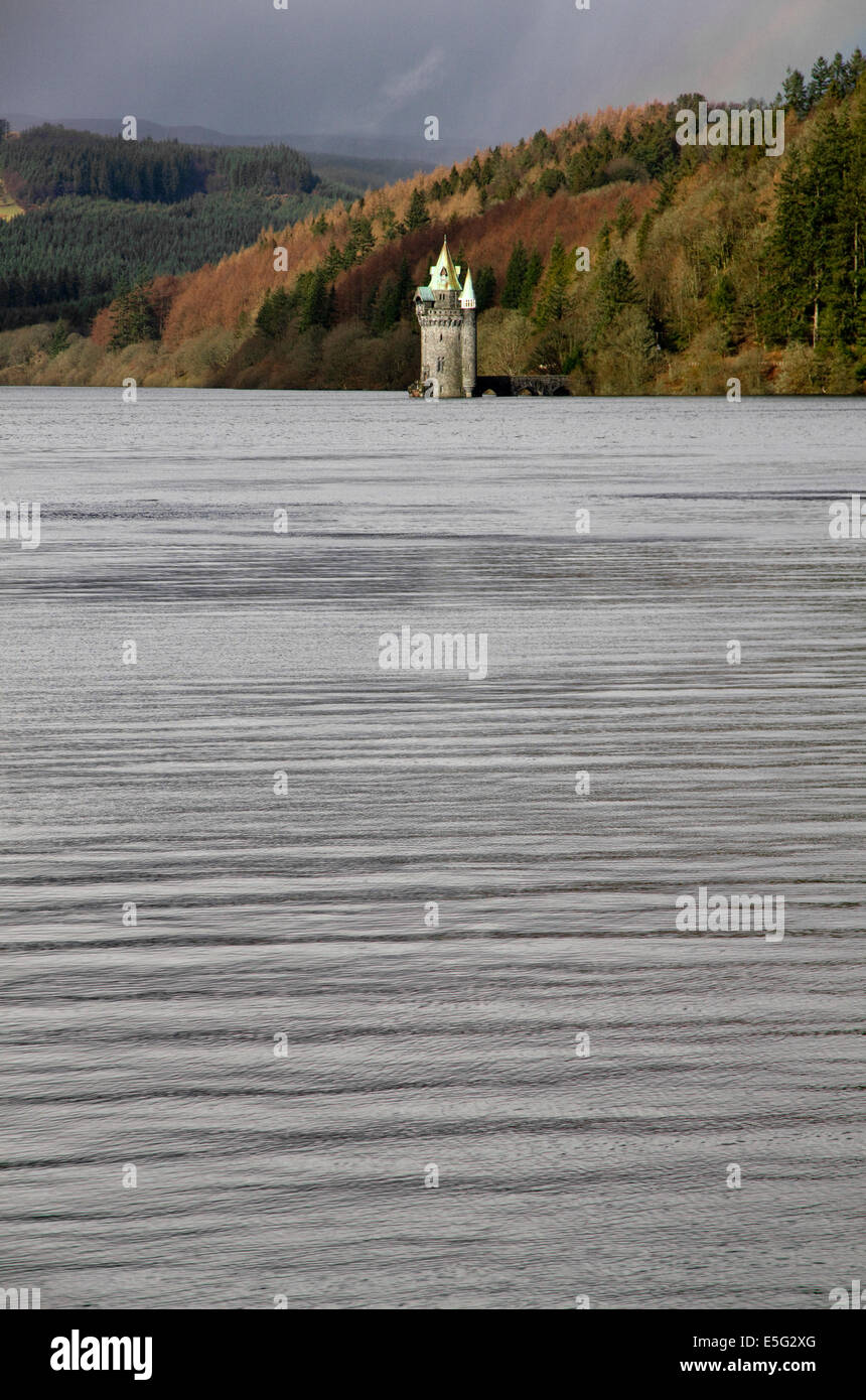 Gothic Straining Tower on Lake Vyrnwy (Victorian reservoir) Montgomeryshire, Powys, Wales, UK Stock Photo