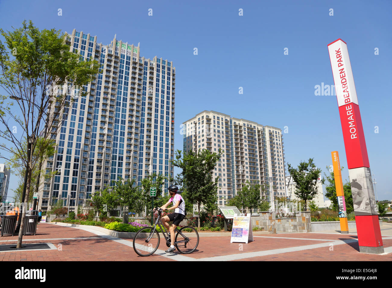 Romare Bearden Park, with residential towers in background, Charlotte, North Carolina, USA Stock Photo