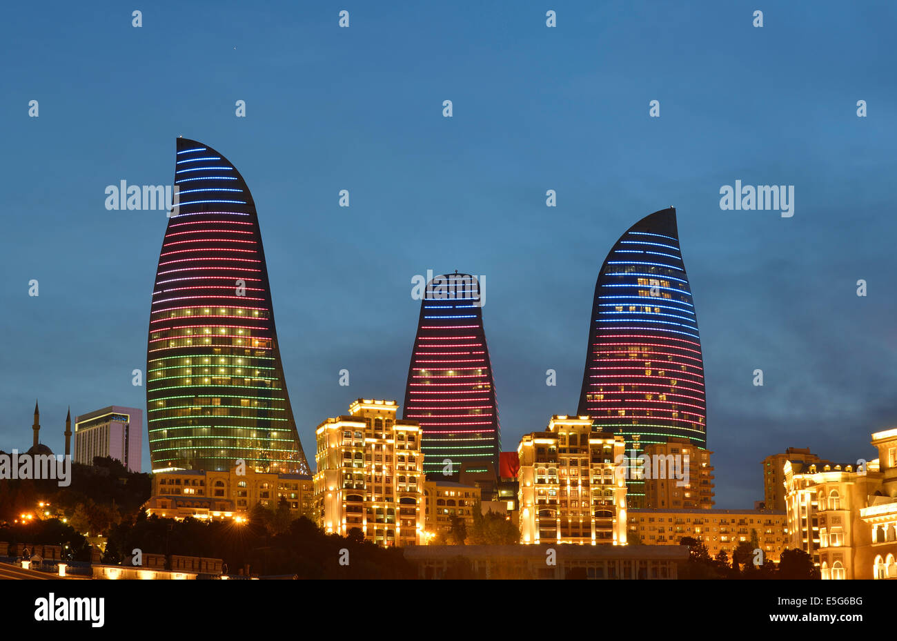 Flame Towers at dusk, Baku, Azerbaijan Stock Photo