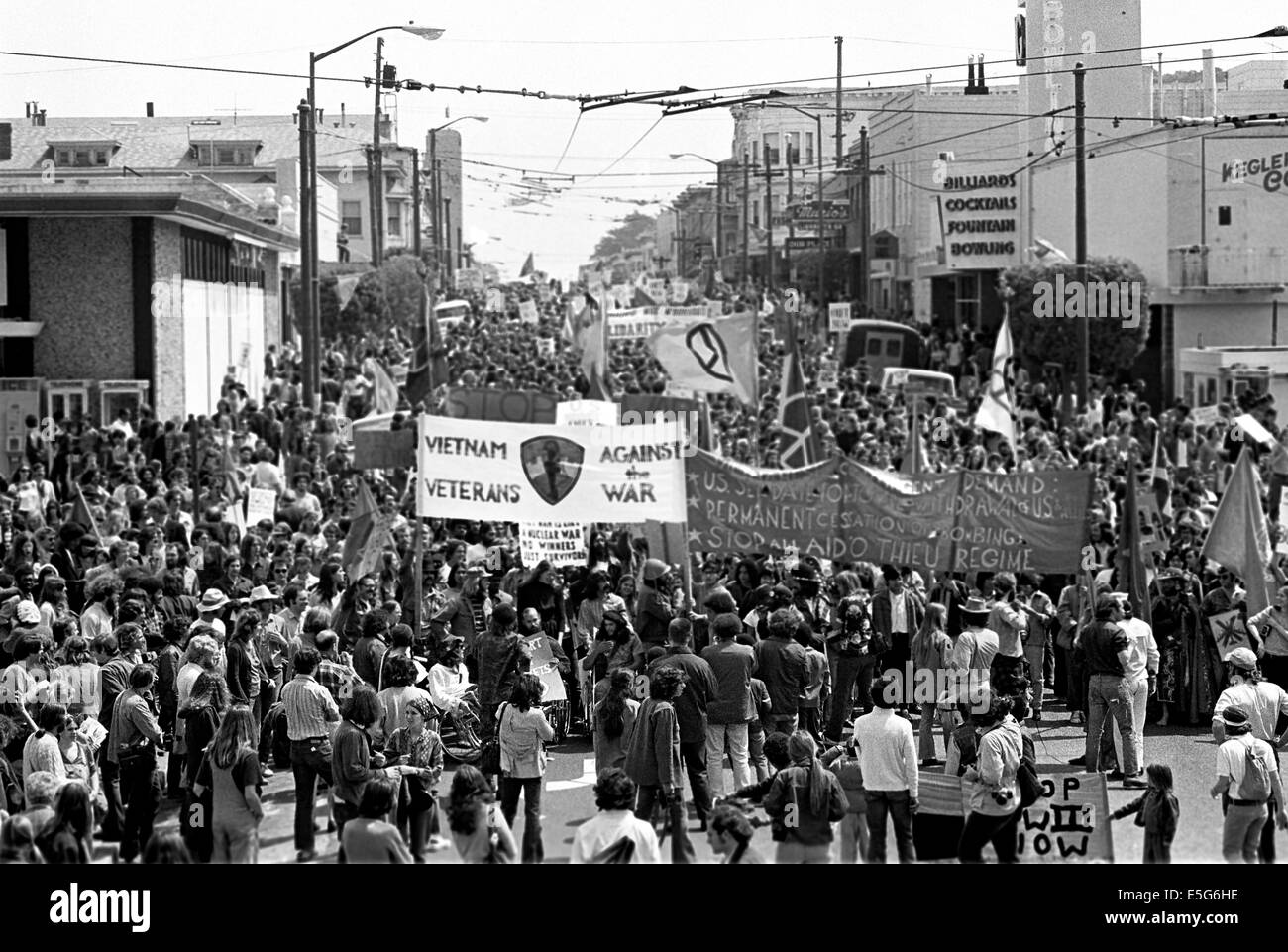 Anti-war protesters take to the street in San Francisco with the war in Vietnam still going on, and Richard Nixon U.S. President promising to end the war. Stock Photo