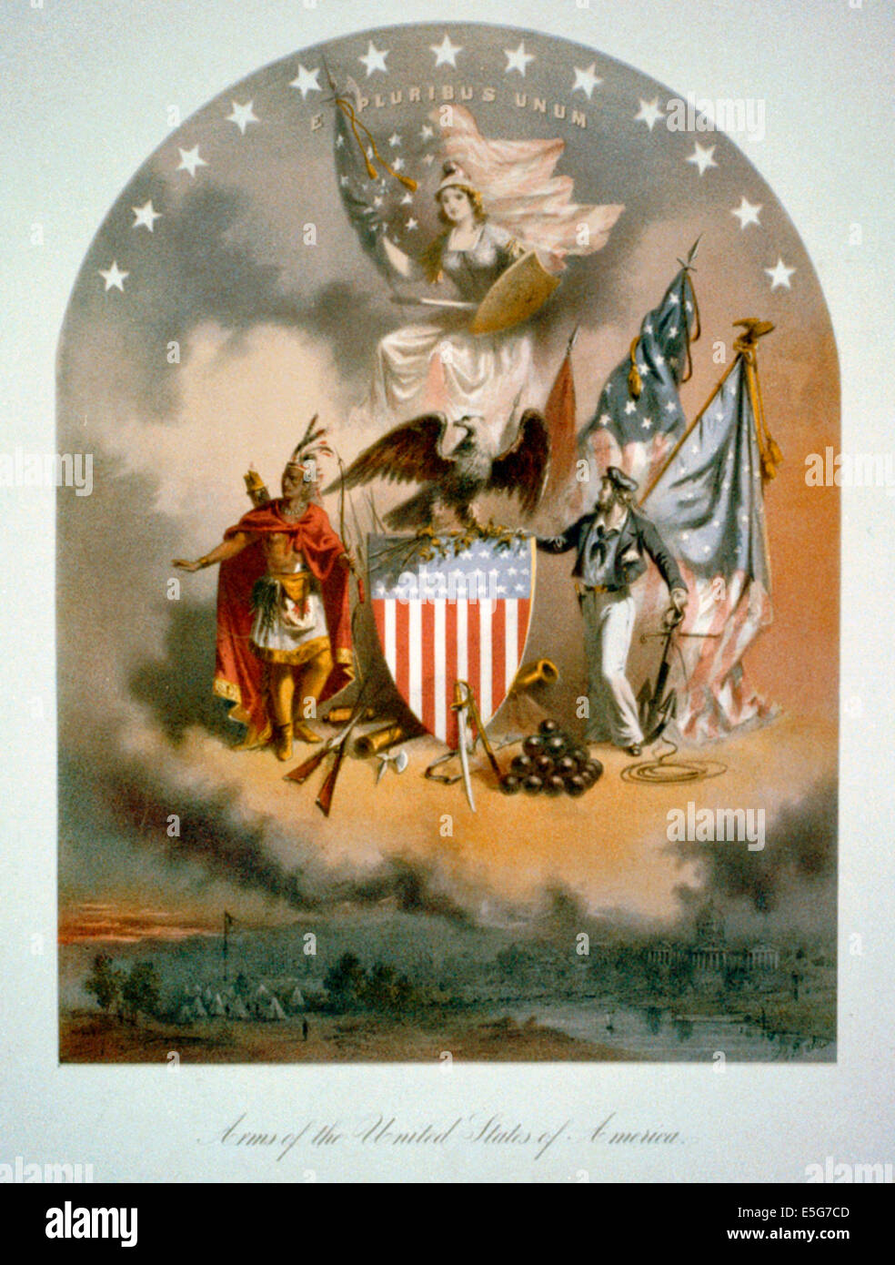 Arms of the United States of America - An elaborate martial allegory of the United States. Liberty or Columbia, wearing a Phrygian cap and armed with sword, shield, and American flag, is enthroned in the clouds. The words 'E Pluribus Unum' and an arc of thirteen stars appear above her. Below, an eagle perches atop a shield with the stars and strips. In his talons he holds arrows and an olive branch. At left stands an American Indian, with a bow in his hand. At right is a sailor with an anchor and four flags. 1864 Stock Photo