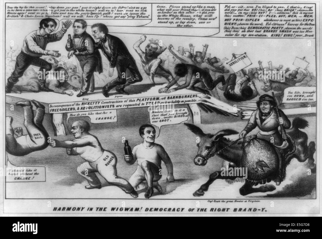 Harmony in the wigwam! Democracy of the right brand-y. A comic scene ridiculing the Tammany Democrats of New York City. Tammany headquarters, known as the "Wigwam," here erupts in a drunken fracas over the Democratic platform for the presidential race of 1852. Stock Photo