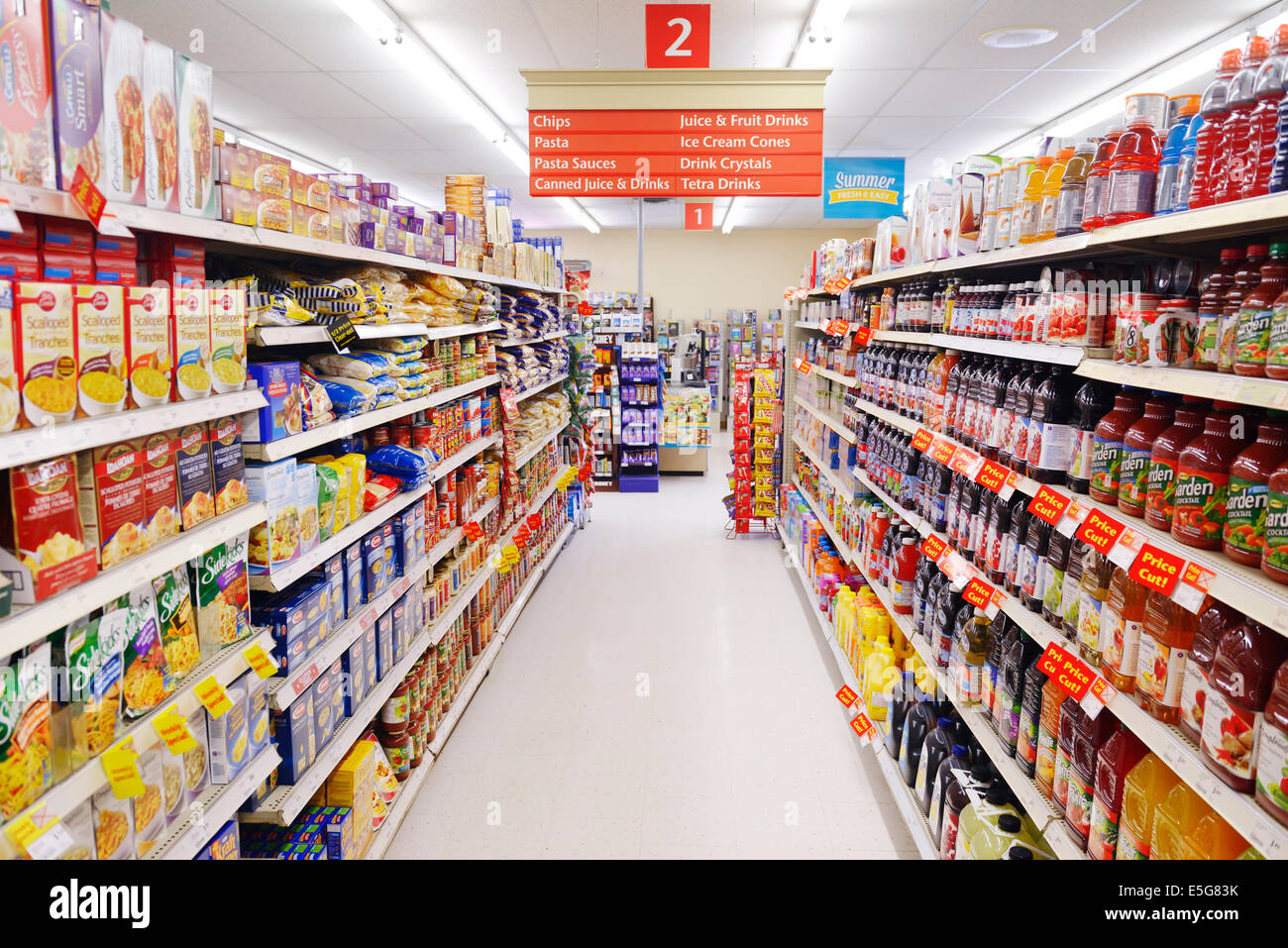 License available at MaximImages.com - Supermarket aisle with juices and pasta on the shelves. Ontario, Canada Stock Photo
