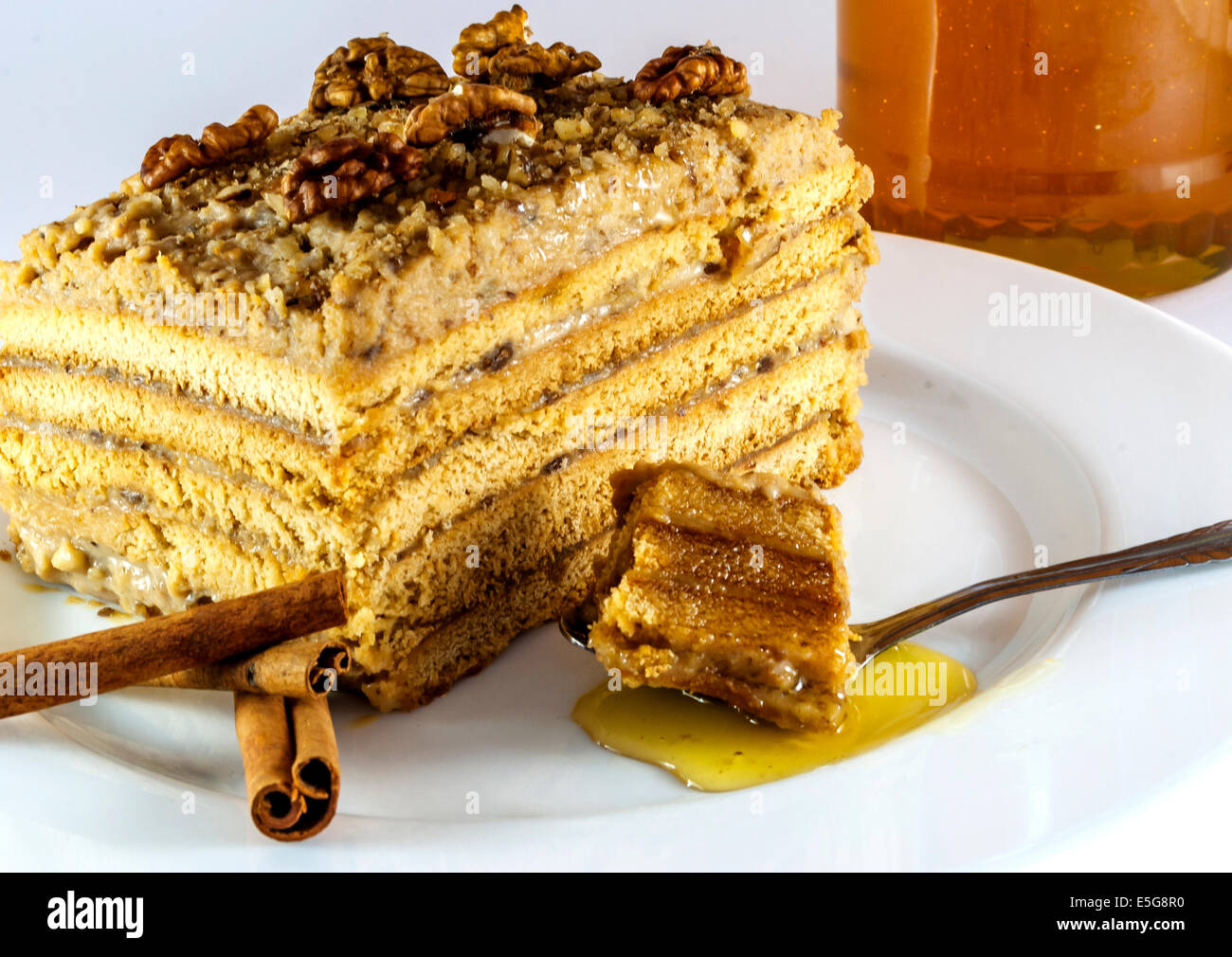 Armenia honey cake marlenka on white plate Stock Photo