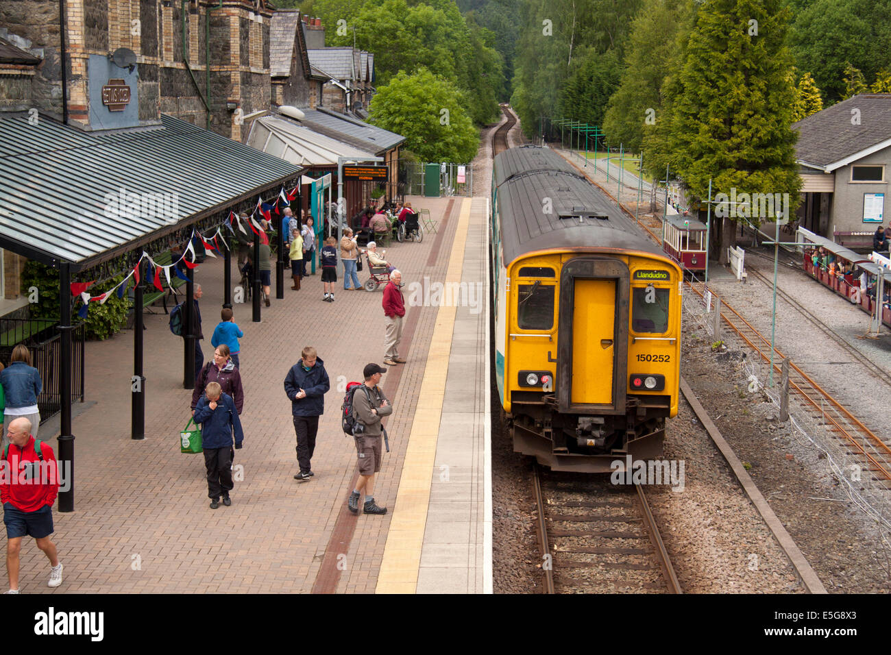 View of Betws-y-Coed station in the Conwy Valley, Gwynedd, North Wales, UK. Stock Photo