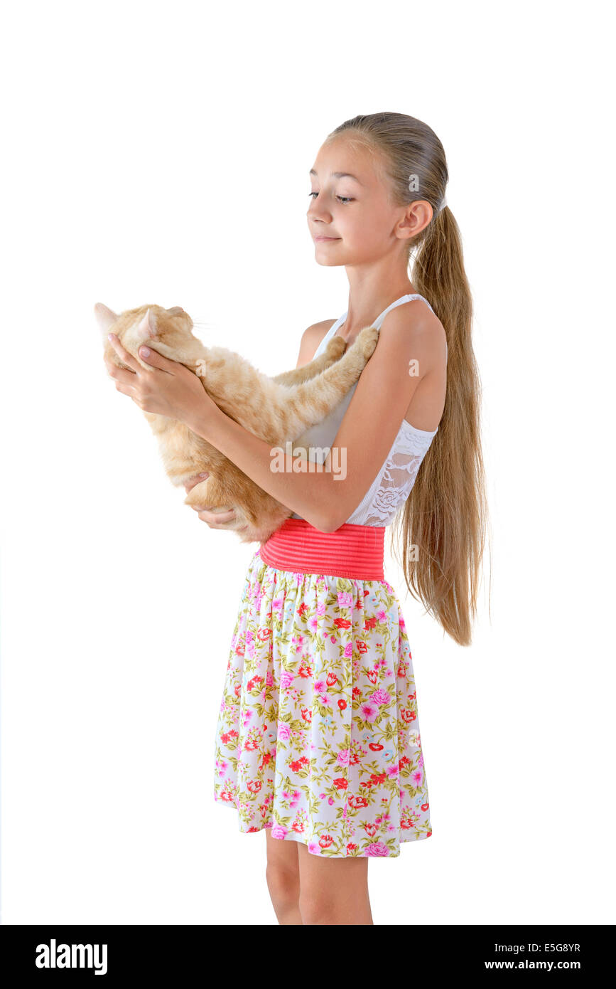 The girl with a red cat of breed Scottish-straight are photographed on the white background Stock Photo