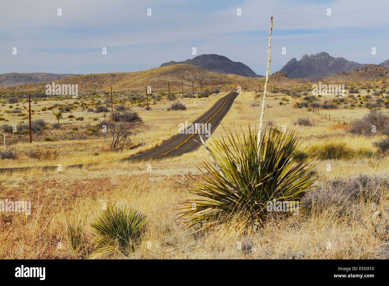 SH 166 cuts through the arid landscape of the Davis Mountains in West Texas, USA. Stock Photo