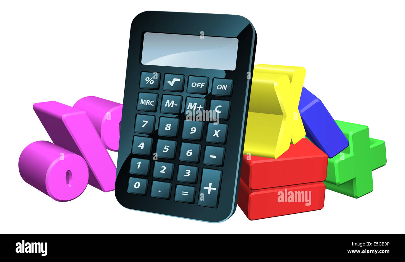 An illustration of a calculator and 3d math symbols Stock Photo