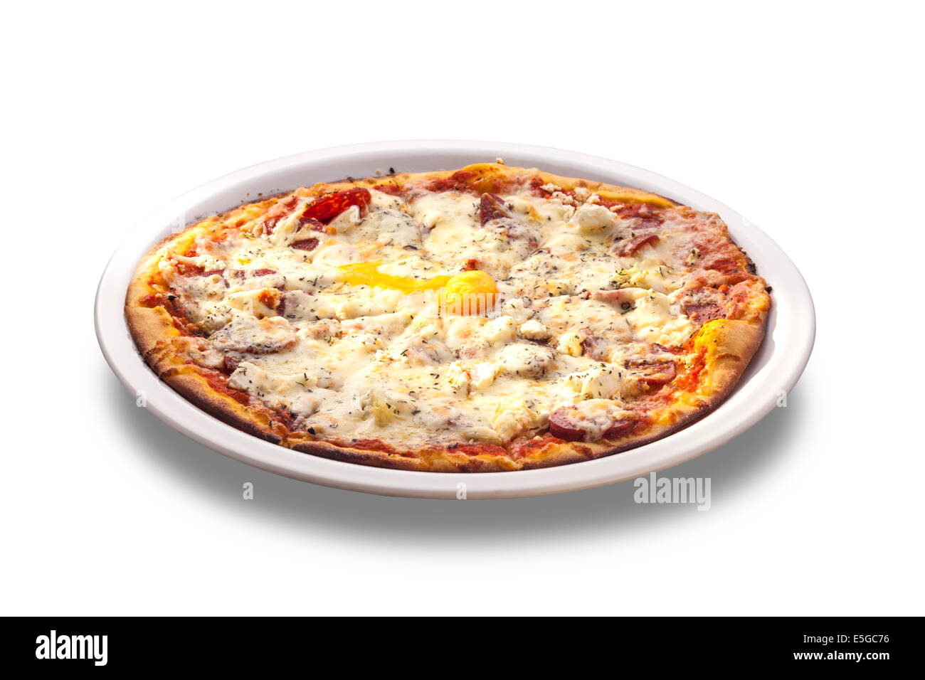 Fresh Oven Baked Pizza with Egg, Sausage, All Cheese isolated on white
