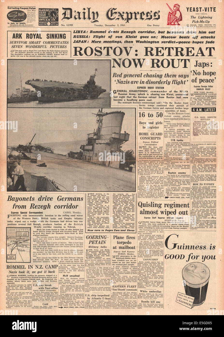 Daily Express (UK) front page report on the sinking of HMS Ark Royal