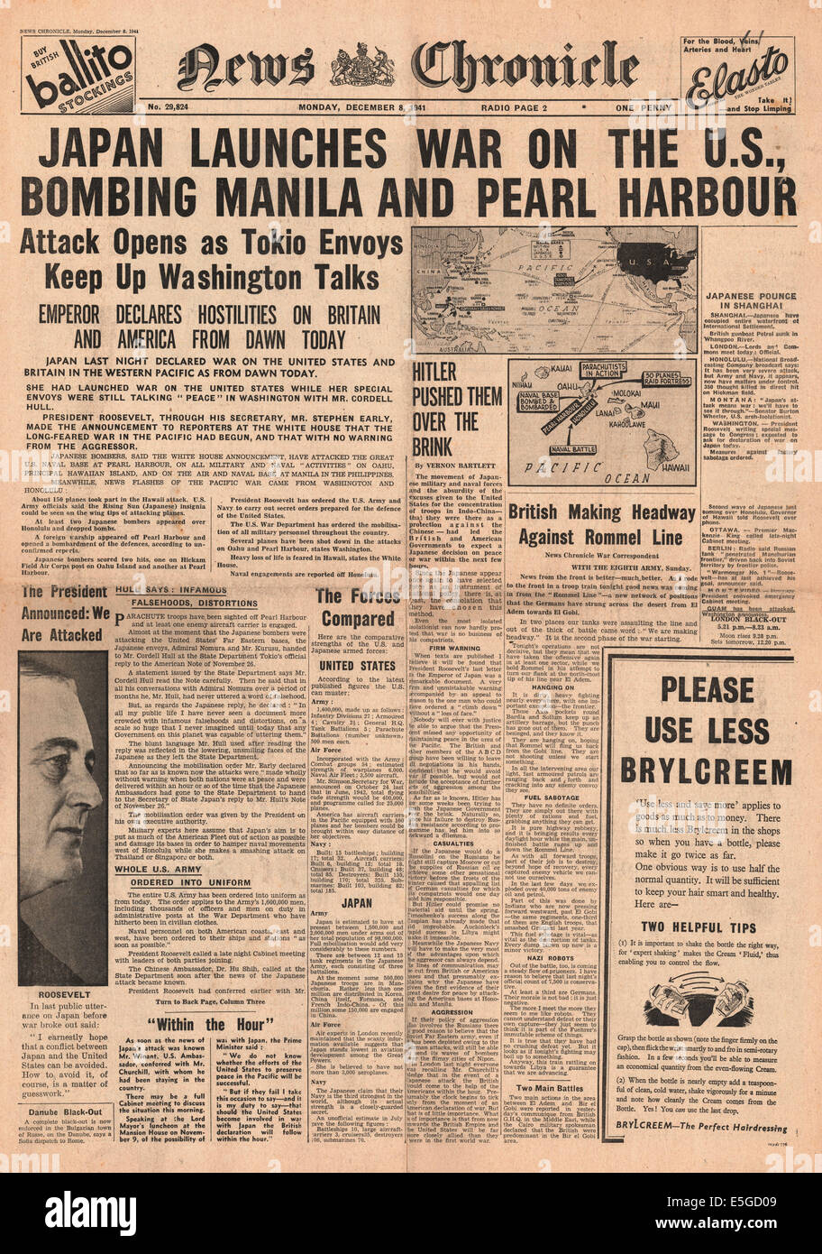 News Chronicle (UK) front page Japanese attack at Pearl Harbour Stock Photo