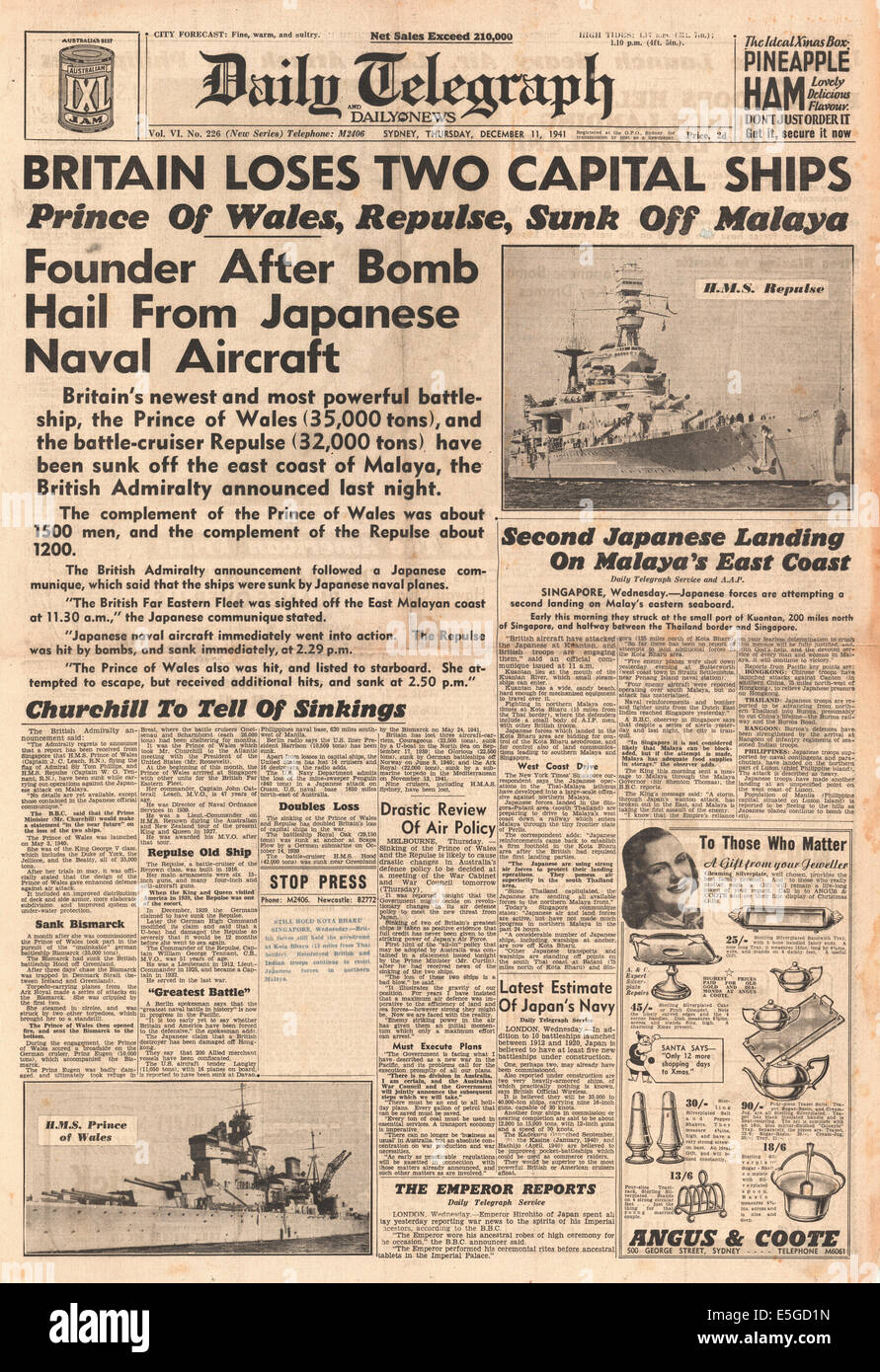 1941 Daily Telegraph (Sydney, Australia) front page reporting Japanese planes sink British battleships HMS Repulse and HMS Prince of Wales off Malaya Stock Photo