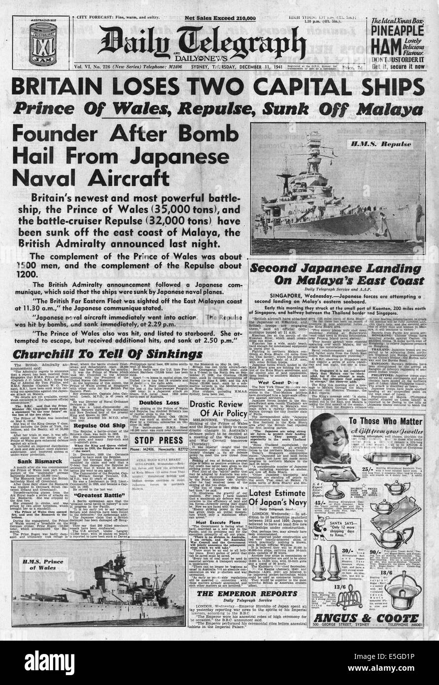 1941 Daily Telegraph (Sydney, Australia) front page reporting Japanese planes sink British battleships HMS Repulse and HMS Prince of Wales off Malaya Stock Photo