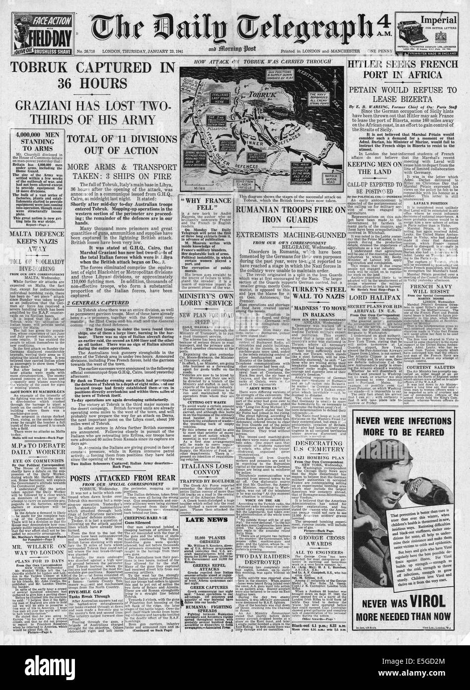 1941 Daily Telegraph reporting Italian army surrounded at Tobruk Stock Photo