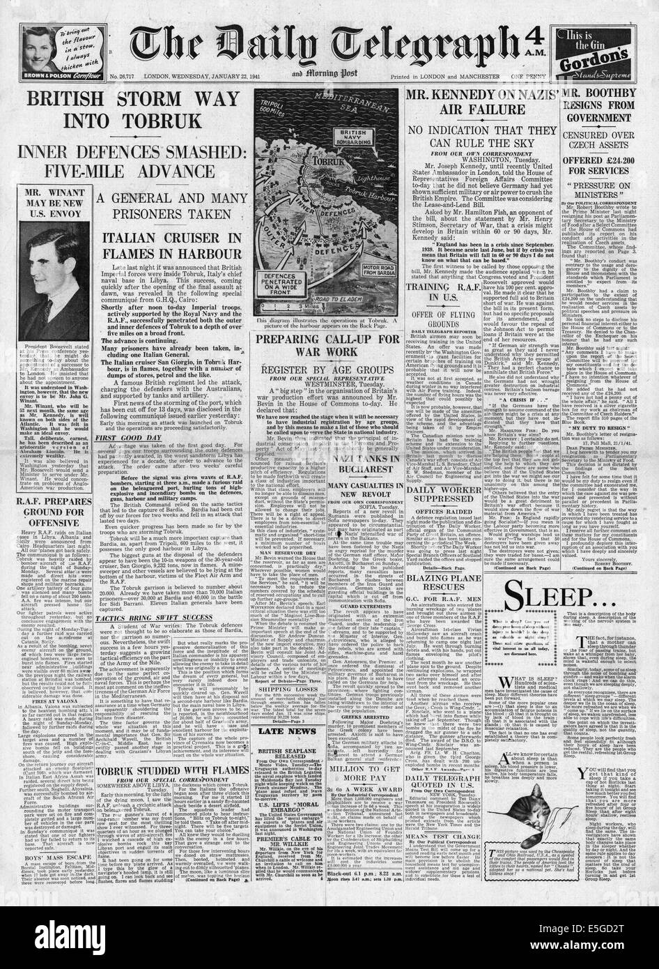 1941 Daily Telegraph reporting front page British Army enter Tobruk