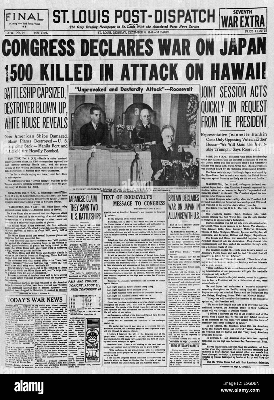 1941 St. Louis Post-Dispatch front page reporting Japanese attack Stock Photo: 72276505 - Alamy