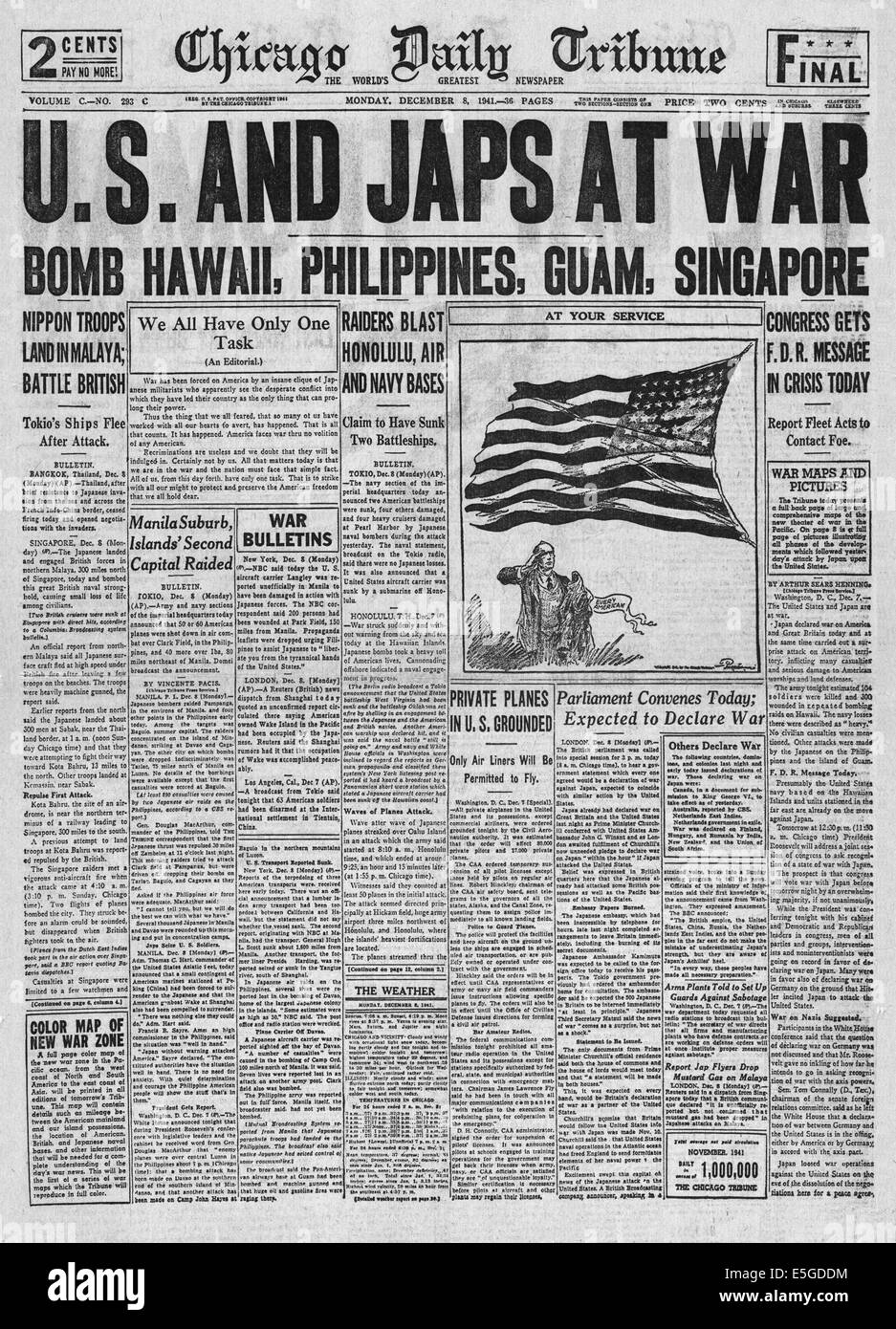 1941 Chicago Daily Tribune front page reporting the Japanese attack on Pearl Harbour Stock Photo