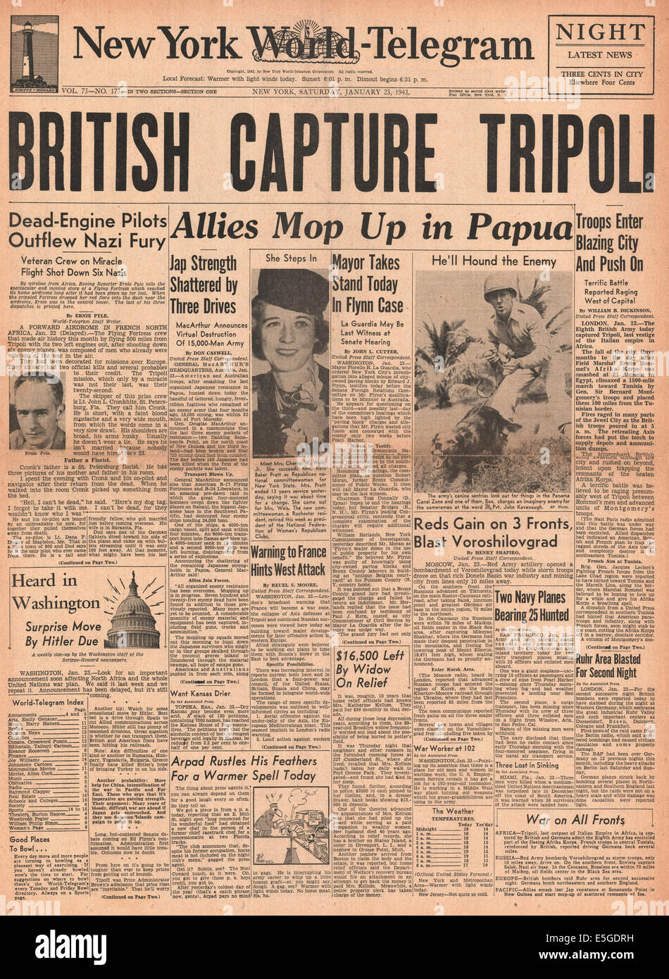 1943 New York World Telegram Front Page Reporting British Capture Of