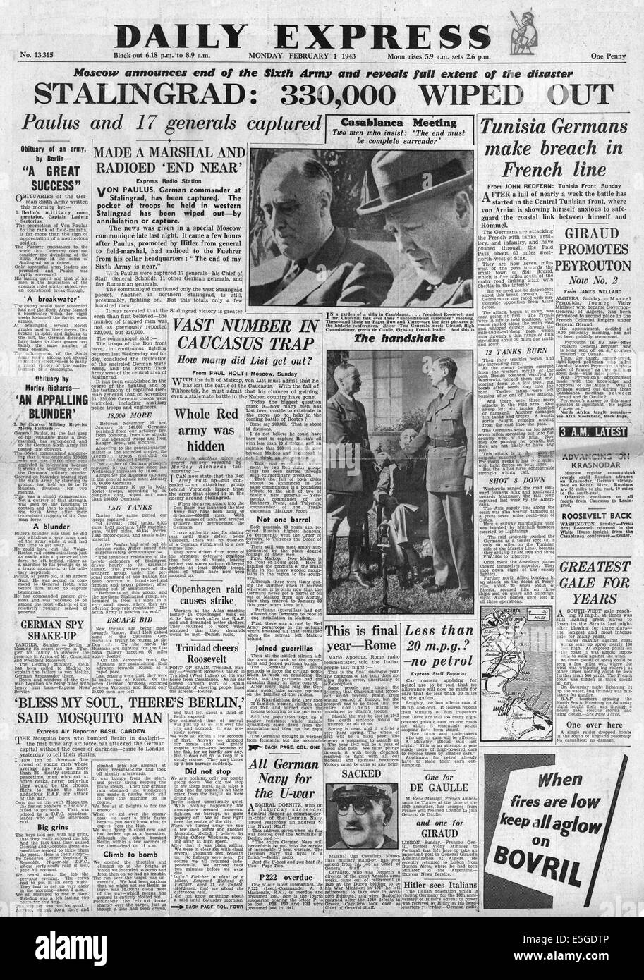 1943 Daily Express front page reporting German 6th Army defeat at Stalingrad Stock Photo
