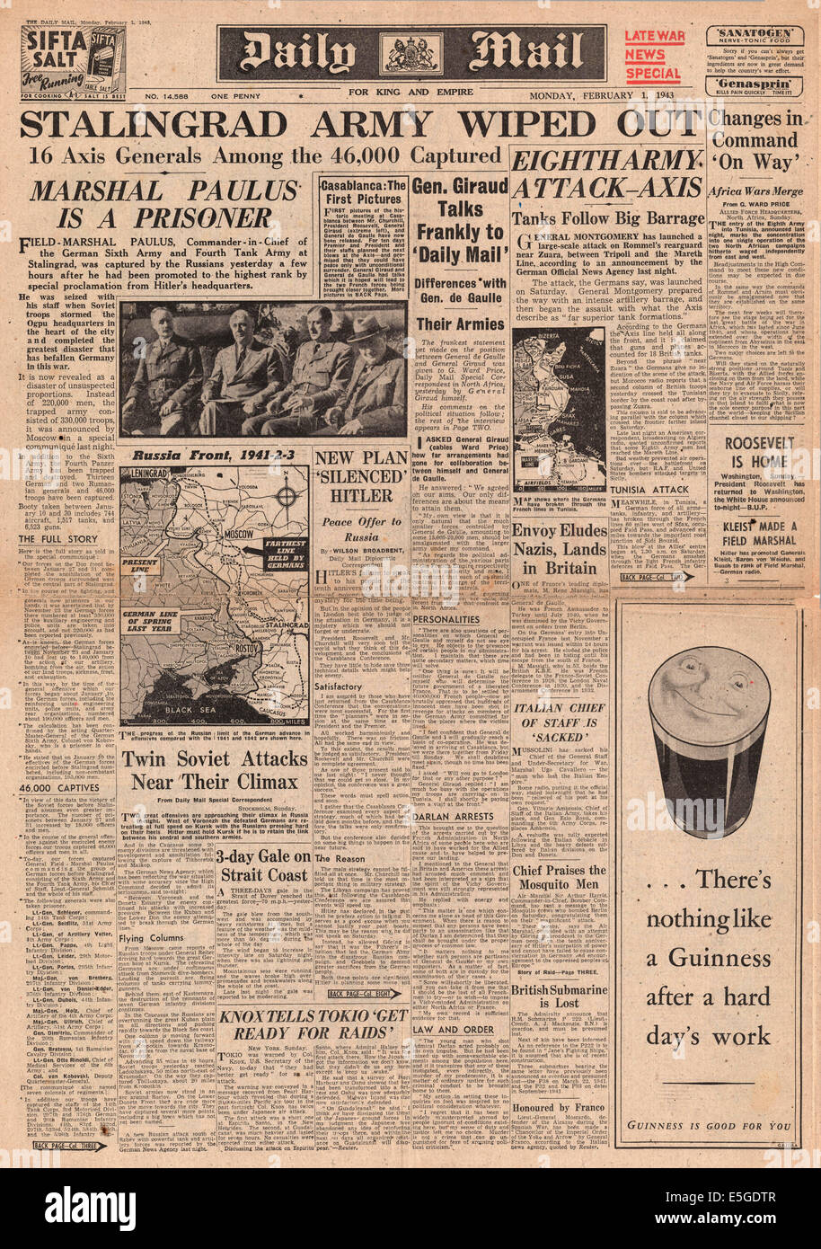1943 Daily Mail front page reporting German 6th Army defeat at Stalingrad Stock Photo