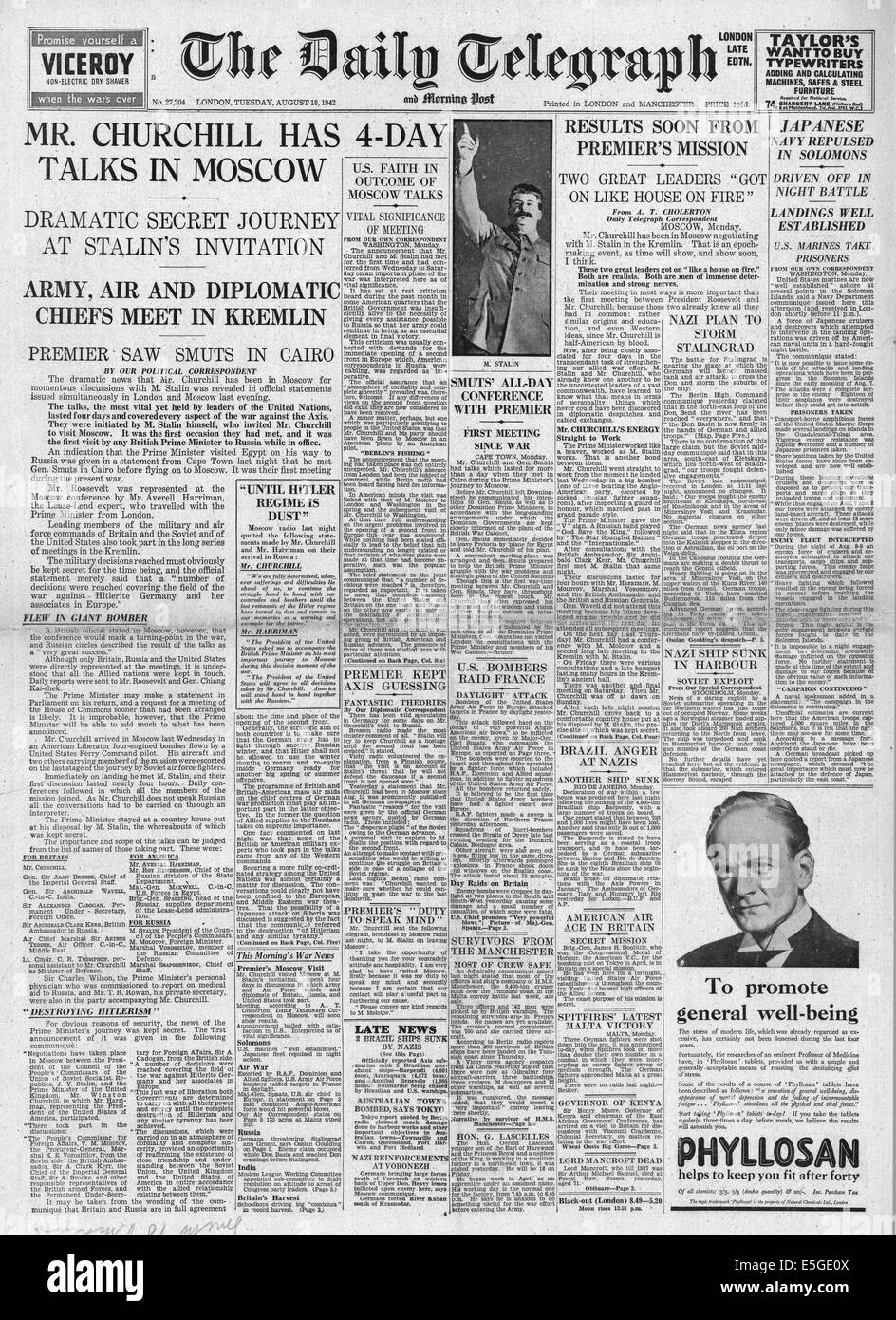 1942 Daily Telegraph front page reporting Winston Churchill in Moscow for talks with Joseph Stalin Stock Photo