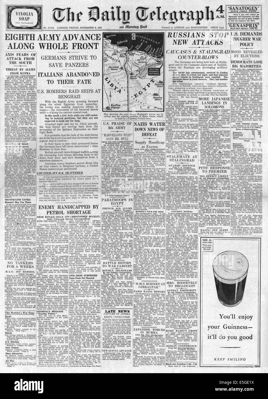 1942 Daily Telegraph front page reporting British 8th Army advance in