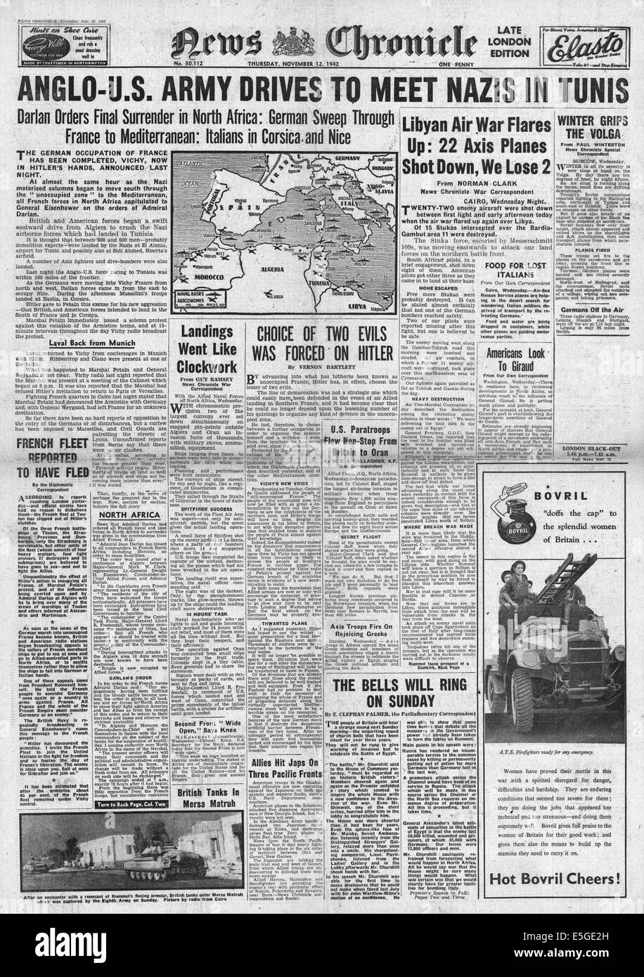 1942 News Chronicle front page reporting British 8th Army and U.S. Army ...