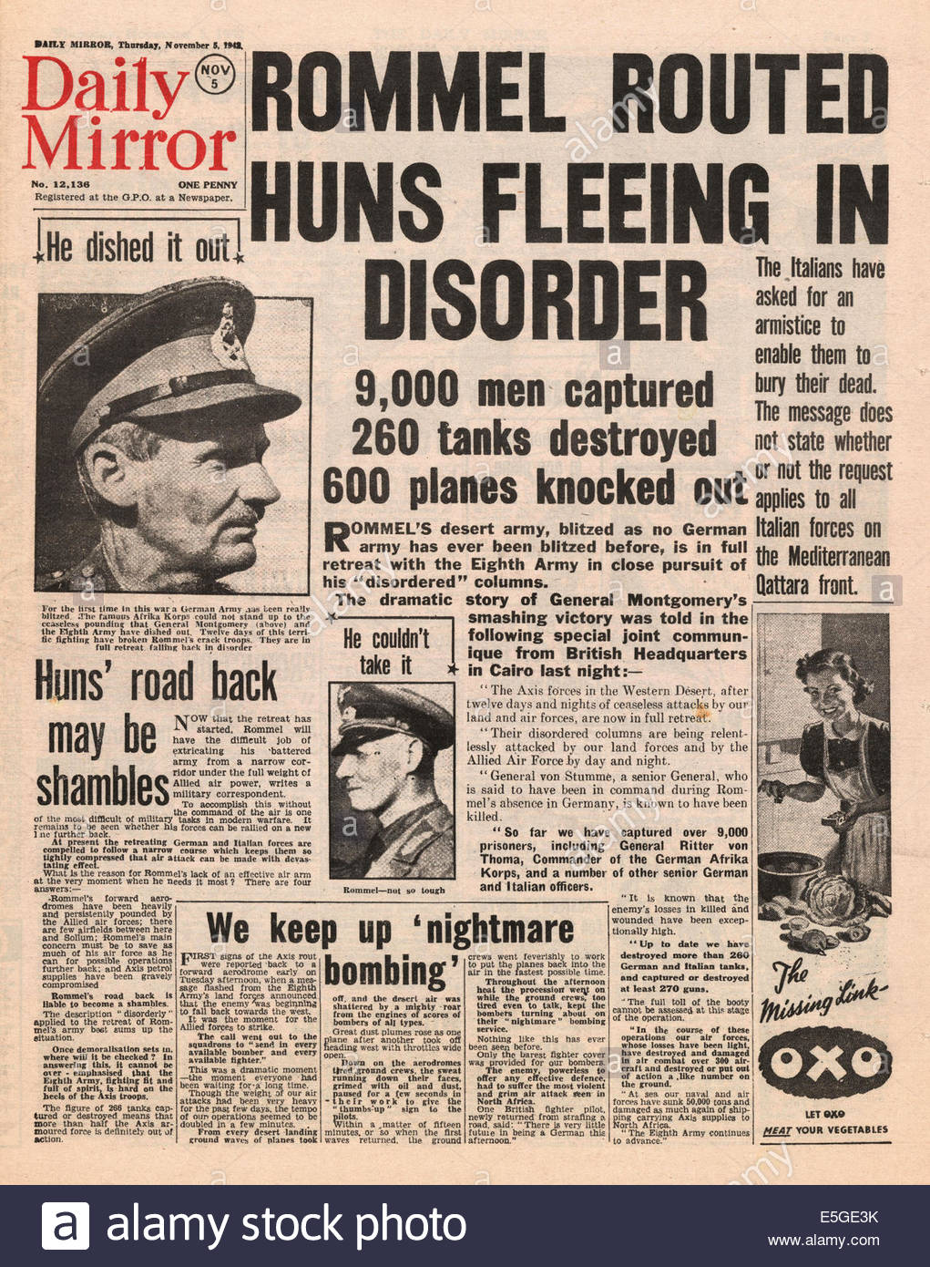 1942 Daily Mirror front page reporting the retreat of Rommel and Stock