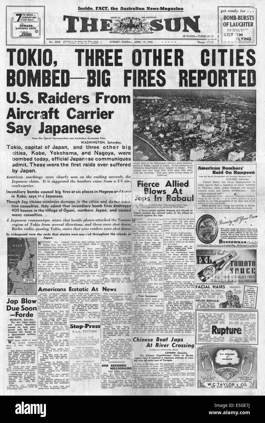 1942 The Sun (Sydney) front page reporting US Air Force bombs Japanese cities of Tokyo, Yokohama, Nagoya and Kobe Stock Photo