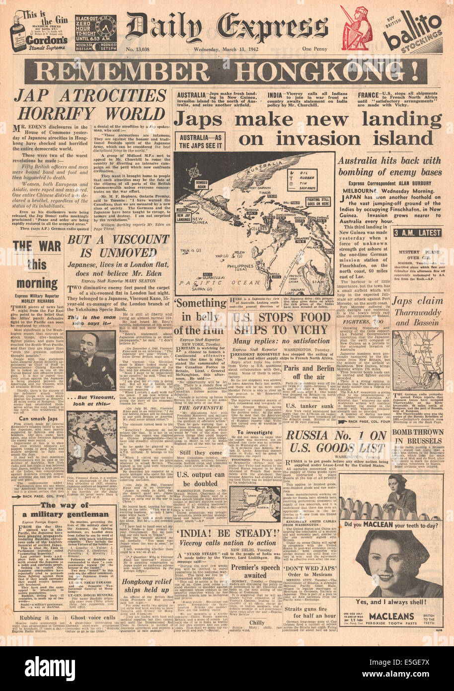 1942 Daily Express front page reporting Atrocities in Hong Kong by Japanese Army Stock Photo