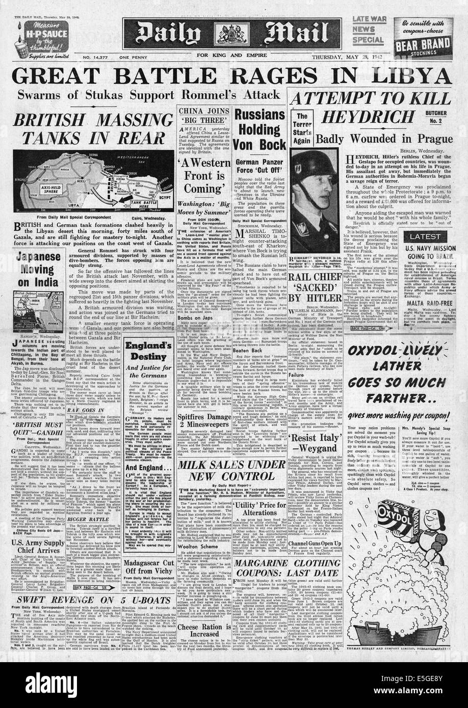 1942 Daily Mail front page reporting Rommel's Africa Corps and Montgomery's 8th Army's tanks battle in Libya/Assassination of Reinhard Heydrich in Prague Stock Photo