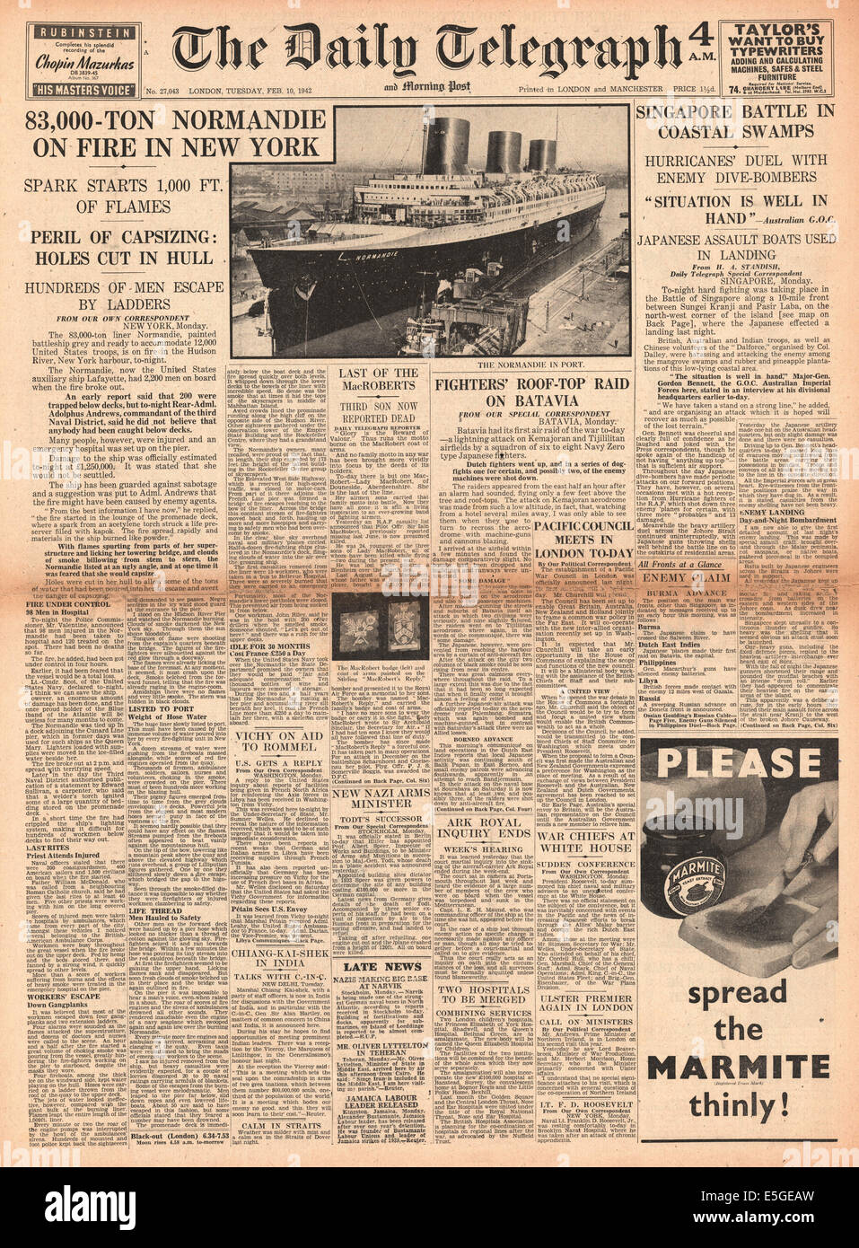 1942 Daily Telegraph front page reporting Japanese offensive on Singapore and French passenger liner Normandie catches fire in New York harbour Stock Photo
