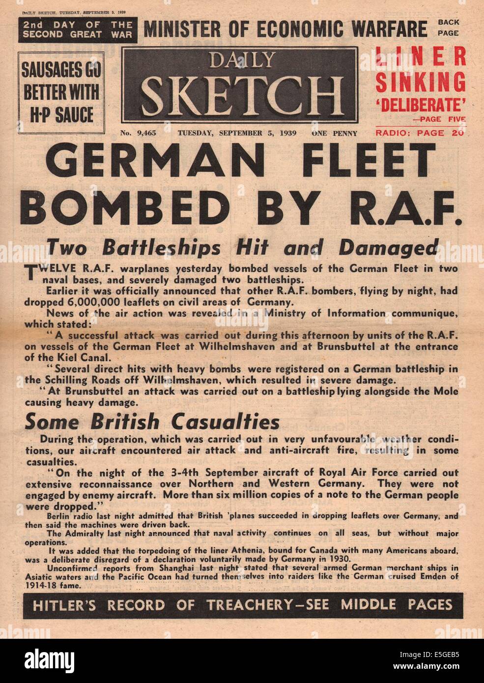 1939 Daily Sketch front page reporting RAF bombs Northern Germany Stock Photo
