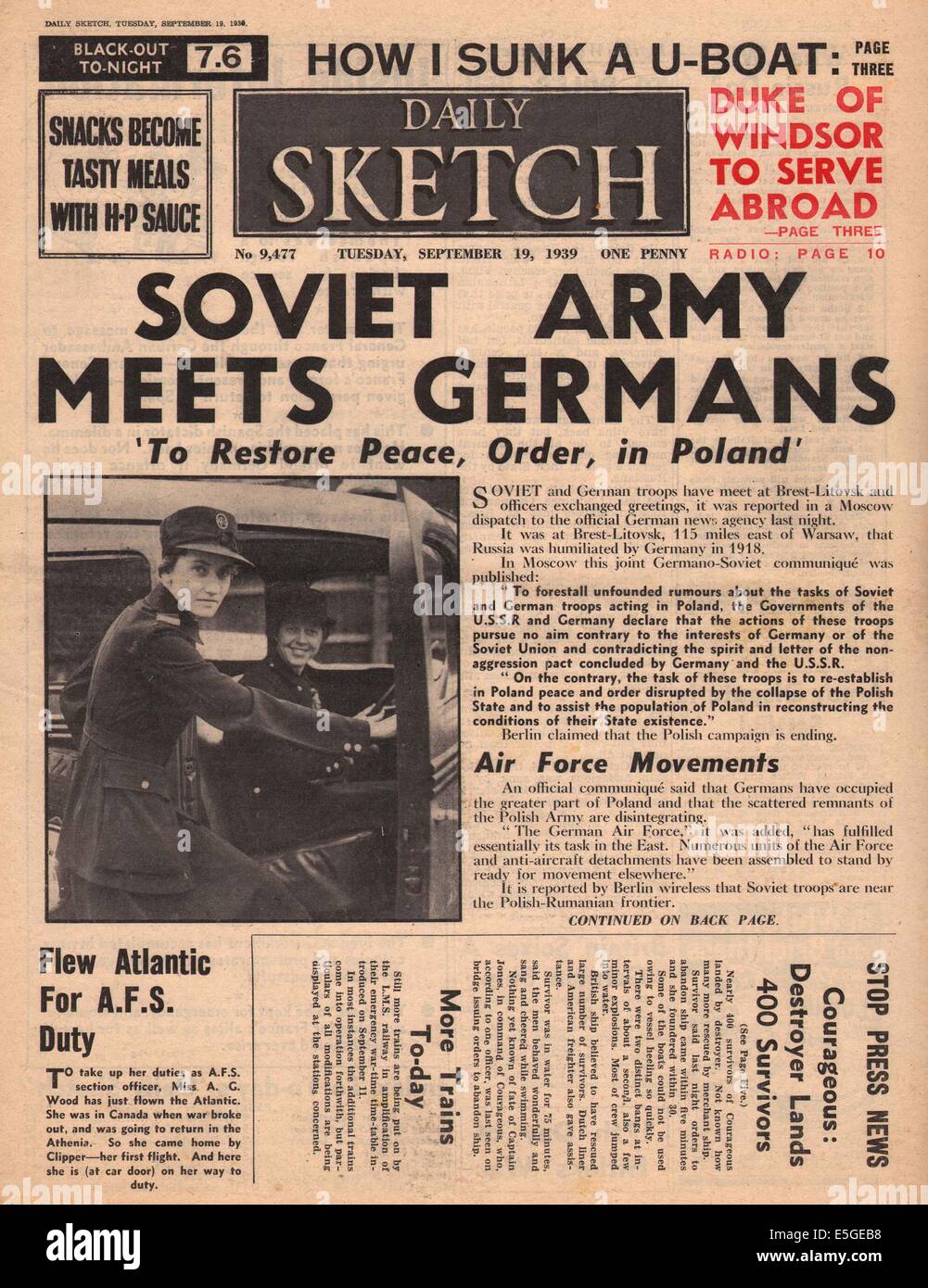 1939 Daily Sketch front page reporting German and Russian armies meet in Poland Stock Photo