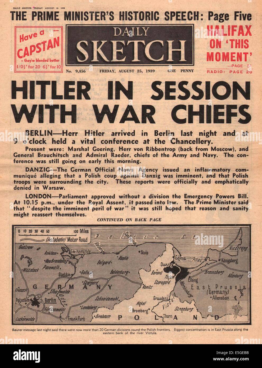 1939 Daily Sketch front page reporting Adolf Hitler in session with war chiefs Stock Photo