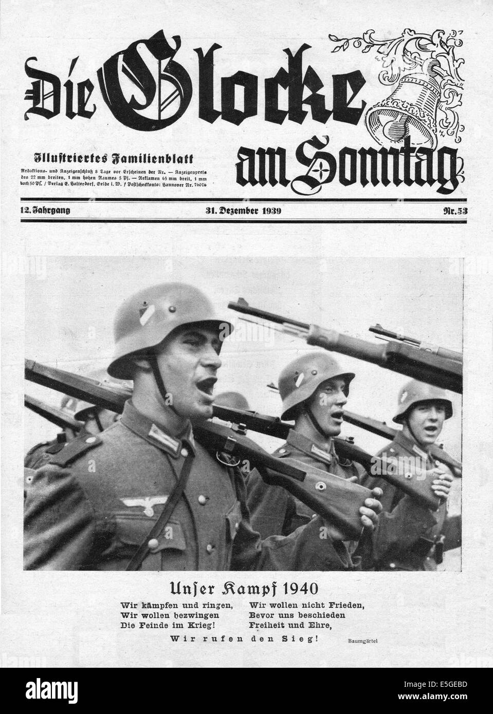 1939 Die Glocke am Sonntag front page photo of singing German Wehrmacht soldiers Stock Photo